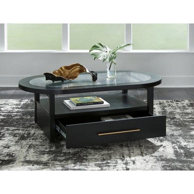Black Oval Wood and Glass Lift-Top Coffee Table with Storage