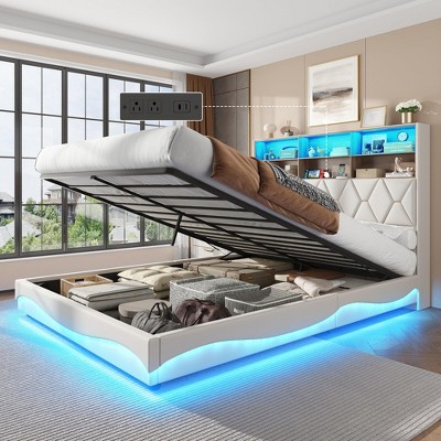 Upholstered Platform Bed Frame with Lift Up Storage & Bookcase Storage Headboard