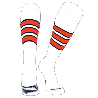 PEAR SOX Striped OTC Baseball, Softball, Football Socks (C) White, Navy, Orange
