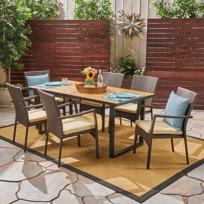 Christopher Knight Home Powell Outdoor Acacia Wood and Wicker 7 Piece Dining Set with Cushion, Teak/Brown
