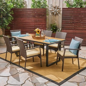 Christopher Knight Home Powell Outdoor Acacia Wood and Wicker 7 Piece Dining Set with Cushion, Teak/Brown - 1 of 4
