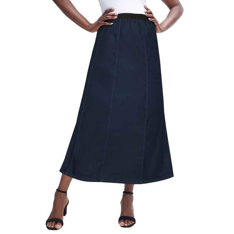 Jessica London Women's Plus Size Stretch Denim Skirt Elastic Waist Long Jean Maxi Skirt, 1 of 2