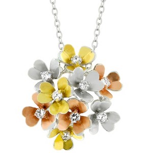 Slickblue Floral Summer Bouquet Pendant, Rose Gold & Silver Flowers with CZ, Rhodium-Plated - 1 of 3