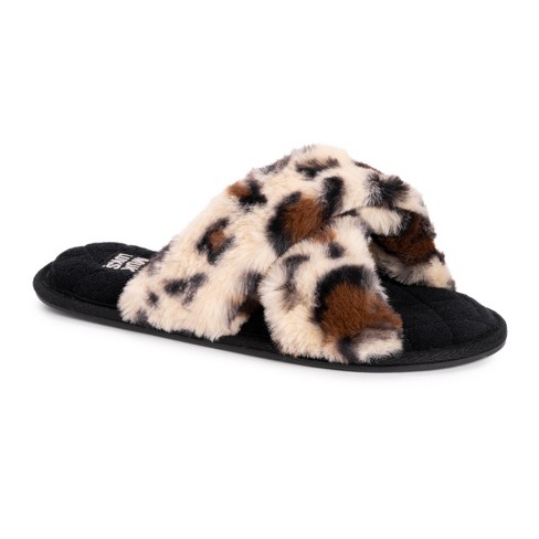 Muk Luks Women's Perley Criss Cross Slipper-leopard Black S (5-6