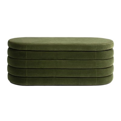 Olive Green Bouclé Upholstered Oval Storage Bench with Rubberwood Frame