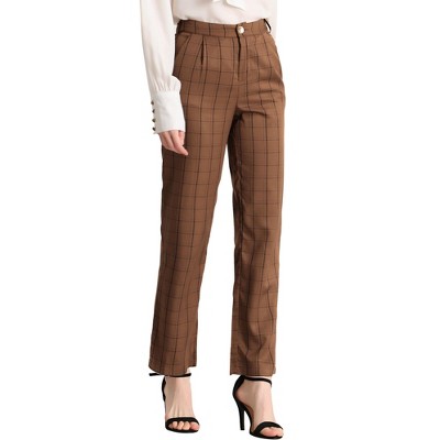 Allegra K Women's Plaid Tartan High Waisted Button Casual Pants Brown Plaid  Small