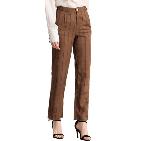Allegra K Women's Plaid Tartan High Waisted Button Casual Pants Brown Small  : Target