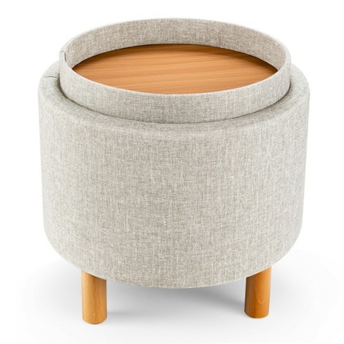 Round Ottoman Foot Rest Stool, Small Fabric Footstool With Non-Skid Wood  Legs, Beige