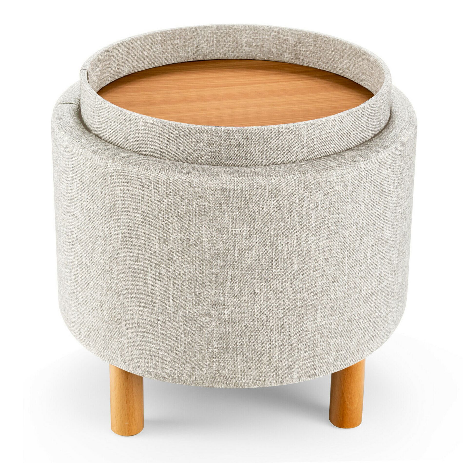 Costway Round Storage Ottoman w/Tray Top Accent Padded Footrest w/Wood Legs Beige