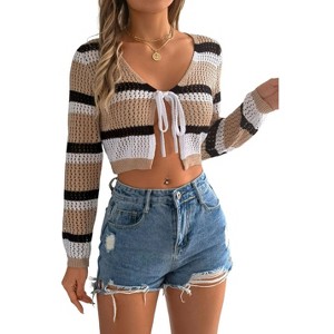 Crochet Tops for Women Striped Summer Color Block Tie Front Long Sleeve Crop Cardigan Drop Shoulder Sweater Top - 1 of 4