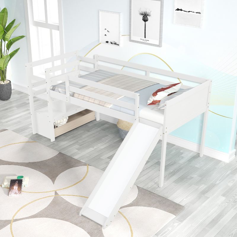 Twin Size Low Loft Bed with Stairs and Slide - ModernLuxe, 3 of 9
