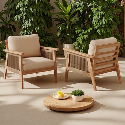Outdoor Patio Acacia Wood Rope Weave Arm Chair with Water-Repellent Cushions