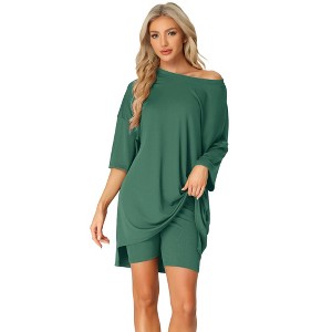 cheibear Women's Knit Loose Fit T-Shirt with Biker Shorts Lounge Sleepwear Pajama Sets - 1 of 4