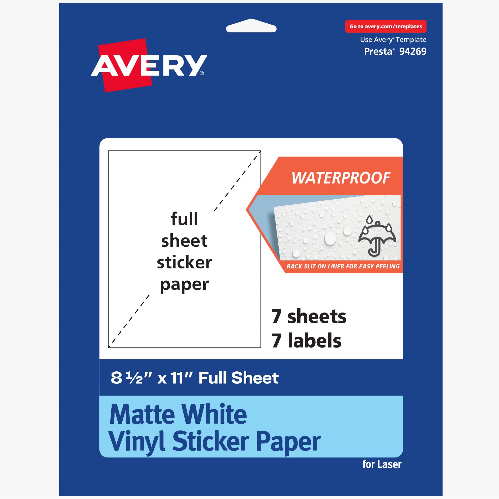 Avery Printable Vinyl Sticker Paper, 8-1/2" x 11", Matte White, Permanent Adhesive, Laser Printer Compatible, 7 Sheets Total
