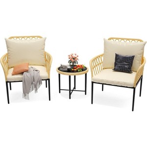 3-Piece Outdoor Wicker Patio Conversation Set with Soft Cushions and Glass Top Table,Weather-Resistant Rattan Chairs for Patio,Balcony,Backyard,Deck - 1 of 4