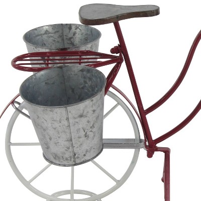 Red and Gray Metal Bicycle Plant Stand with Basket and Saddle Bag Planters