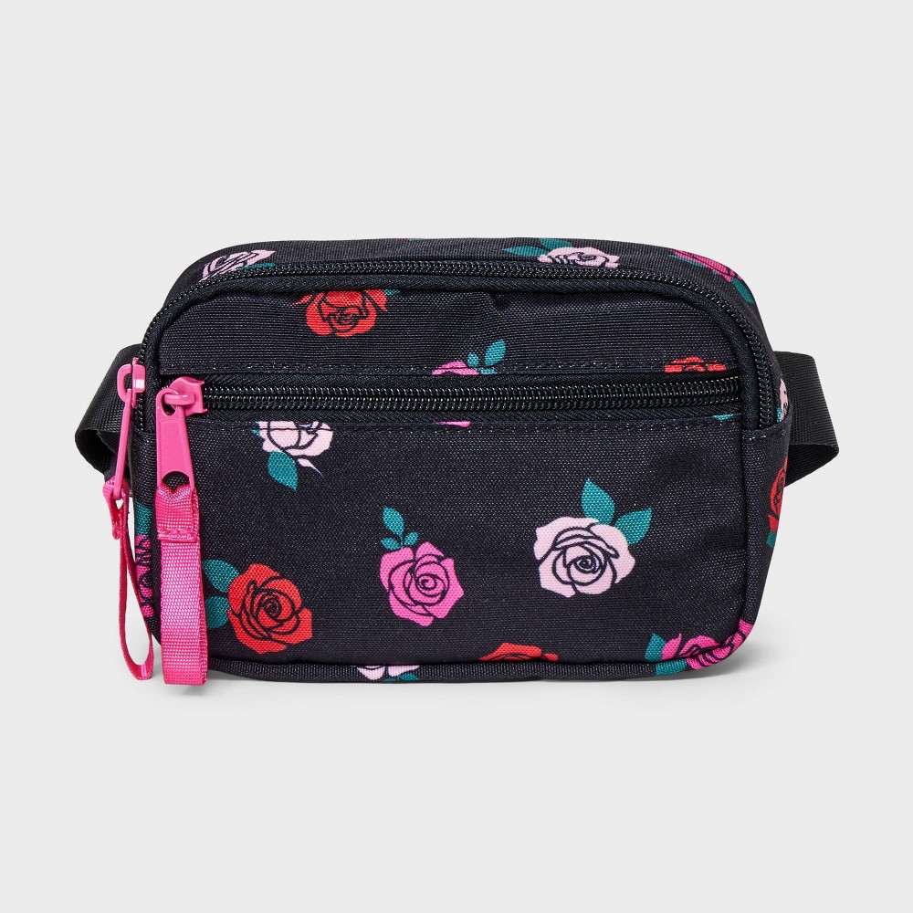 Girls' Rose Print Crossbody Bag - Cat & Jack™ Black: Floral Pattern, Adjustable Strap, Miniature Design
