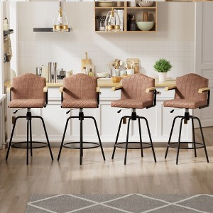 VECELO Bar Stools with Backs & Arms Set of 2, Counter Height Barstools Set with Tufted Upholstery & Footrest Ring, White/Brown - 1 of 4
