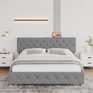 Upholstered Platform Bed (Full) - Adjustable Headboard , 15-Min Tool-Free Assembly,gray - 1 of 4