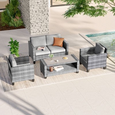 Sonkuki 4 Pieces Patio Conversation Set, Loveseat Sofa with Coffee Table, All-Weather PE Rattan Wicker Sofa