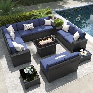 LayinSun 13 Pieces Outdoor Patio Furniture Set with 44" Fire Pit Table Rattan Sectional Sofa Conversation Sets - 1 of 4