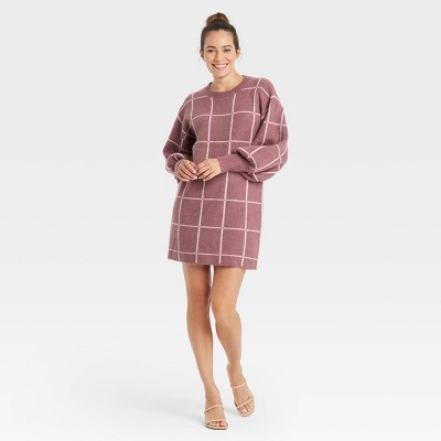 Women's Long Sleeve Sweater Dress - A New Day™ Mauve Plaid S