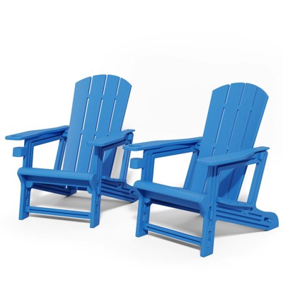 Maggift Outdoor Adirondack Chairs Set of 2, Plastic Fire Pit Chairs with Drink Holder, Patio Chairs with Stool Legs for Lawn, Blue 31.4"*29.6"*36.4"