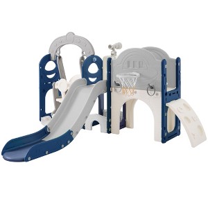 Toddler Slide and Swing Set 7 in 1, Kids Playground Climber Slide Playset with Basketball Hoop,Tunnel for Babies Indoor & Outdoor,grey and blue - 1 of 4
