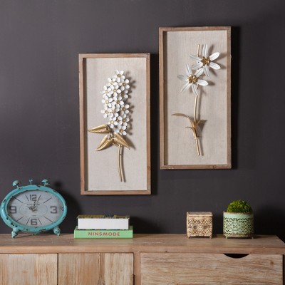 Set of 2 White and Gold Metal Flower Shadowbox with Wood Frame