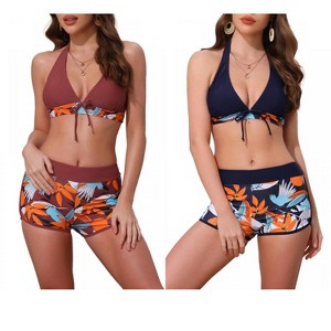 INSPIRE CHIC Women's Leaf Print Color Block Halter Top Boyshorts Bottom Swimwear Bathing Bikini Suits 2 Sets - 1 of 4