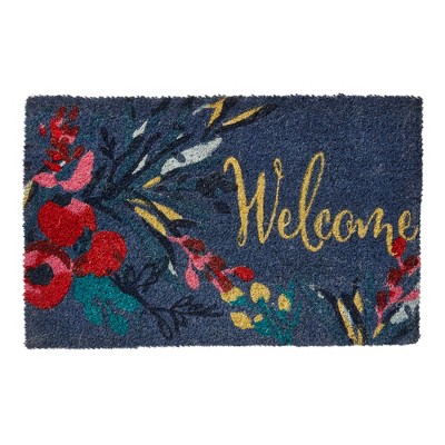 tagltd 1'6" x 2'6" Autumn Botanical Floral Rectangle Indoor Outdoor Coir Door Welcome Mat Multicolored on Blue Background