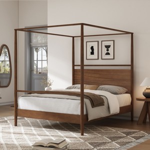 Canopy Bed Frame, Solid Wood Platform Bed with Four Poster Design, Slide Rails for Curtains, No Box Spring Needed-Baofuwish - 1 of 4