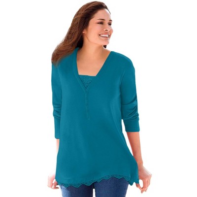 Woman Within Plus Size Layered-Look Lace Trim Tee