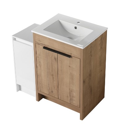 Vynxaria 36 in. Single Freestanding Glossy White Plywood Bath Vanity with White Ceramic Integrated Top KD-PACKING Ready to Assemble