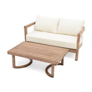 Christopher Knight 2pc Home Wendy Outdoor Acacia Loveseat and Coffee Table with Cushions Brown/Beige - 1 of 4
