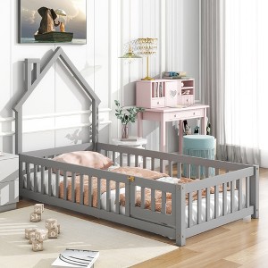 Whisen Wood Floor Bed with House-Shaped Headboard and Fence Guradrails - 1 of 4