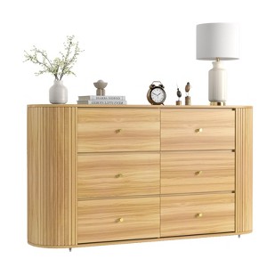 60" Mid Century Wooden Dresser with 6 Drawers & 2 Sliding Doors, Oak Fluted Storage Cabinet - 1 of 4