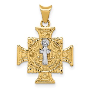 Black Bow Jewelry 14k Yellow Gold & Rhodium Hollow St. Benedict Cross Pendant, 17 x 25mm - 1 of 4