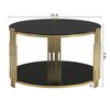 HTUTWOO 31.5" Brown Glass Coffee Table, Modern Cocktail Table Asymmetrical Metal, Circular Metal Drum Base With Lower Shelf For Living Room - 3 of 4