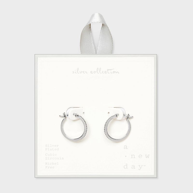 Silver Plated Brass Cubic Zirconia Pave click top Hoop Earrings - A New Day&#8482; Silver, 1 of 5