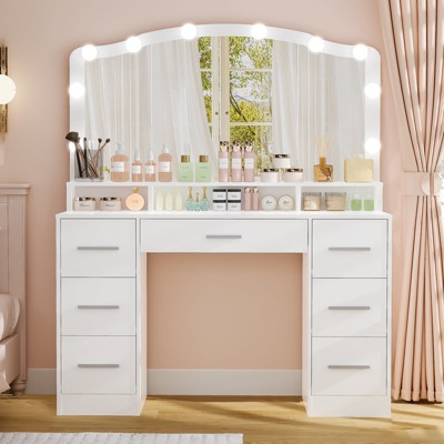 USIKEY 43.3" Vanity Desk with Large Lighted Mirror, Makeup Vanity Table with 7 Drawers & 10 Lights Bulbs, 3 Lighting Colors