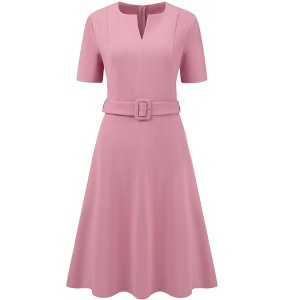 INSPIRE CHIC Women's Belted Summer Short Sleeve 2026 Split Neck A-Line Midi Dresses - 1 of 4