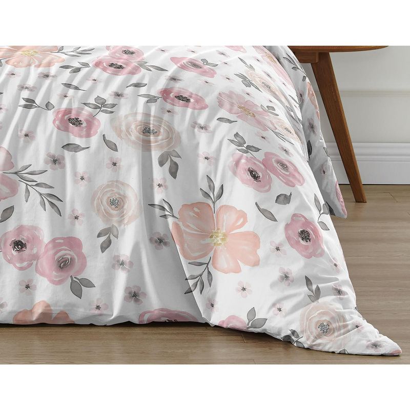 Sweet Jojo Designs Queen Duvet Cover and Shams Set Watercolor Floral Pink and Grey 3pc, 6 of 8