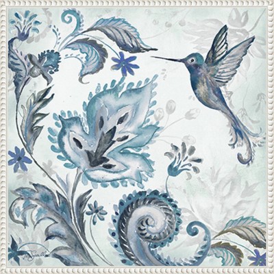 Watercolor Boho Blue Hummingbird Canvas Wall Art in White Frame