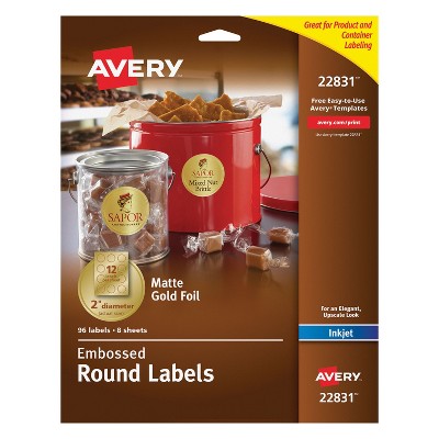 Photo 1 of Avery Easy Peel Inkjet Embossed Foil Round Labels, 2" Diameter, Gold, 12 Labels/Sheet, 8 Sheets/Pack, 96 Labels/Pack (22831)