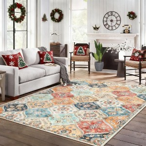 Vintage 60"x84" Washable Area Rug, Non-Slip Low Pile Floral Print Accent Carpet for Living Room Bedroom, Orange - 1 of 4
