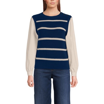 Lands' End Women's Drifter Shaker Button Shoulder Sweater Vest with Poplin Sleeves