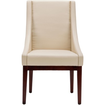 Cream Leather Swoop Arm Accent Chair with Wood Legs