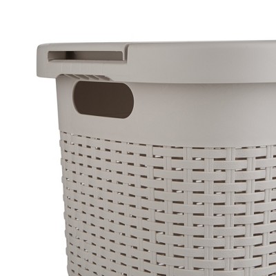 Ivory Plastic Wicker Collapsible Laundry Hamper with Wheels and Lid