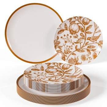 Trendables Plastic Disposable Plate Set  Brown and White Thanksgiving Plate with Pomegranate Design